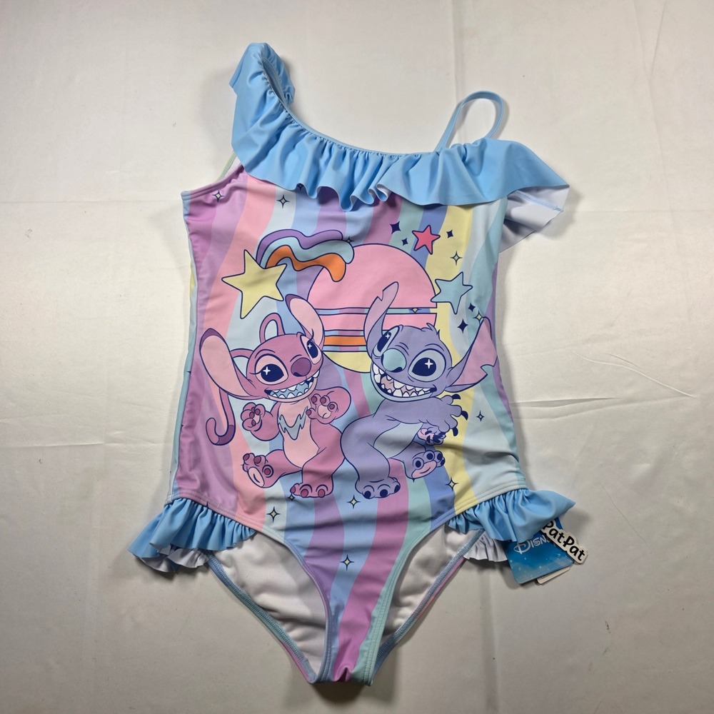 PatPat Disney Stitch Angel Girls One Piece Swimsuit Pastel Rainbow Ruffle 12-13Y